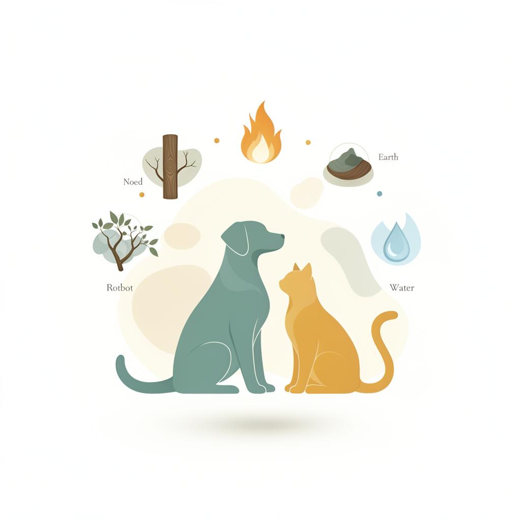 Ilustração elegante de medicina veterinária integrativa com um cão e um gato em tons de teal e âmbar